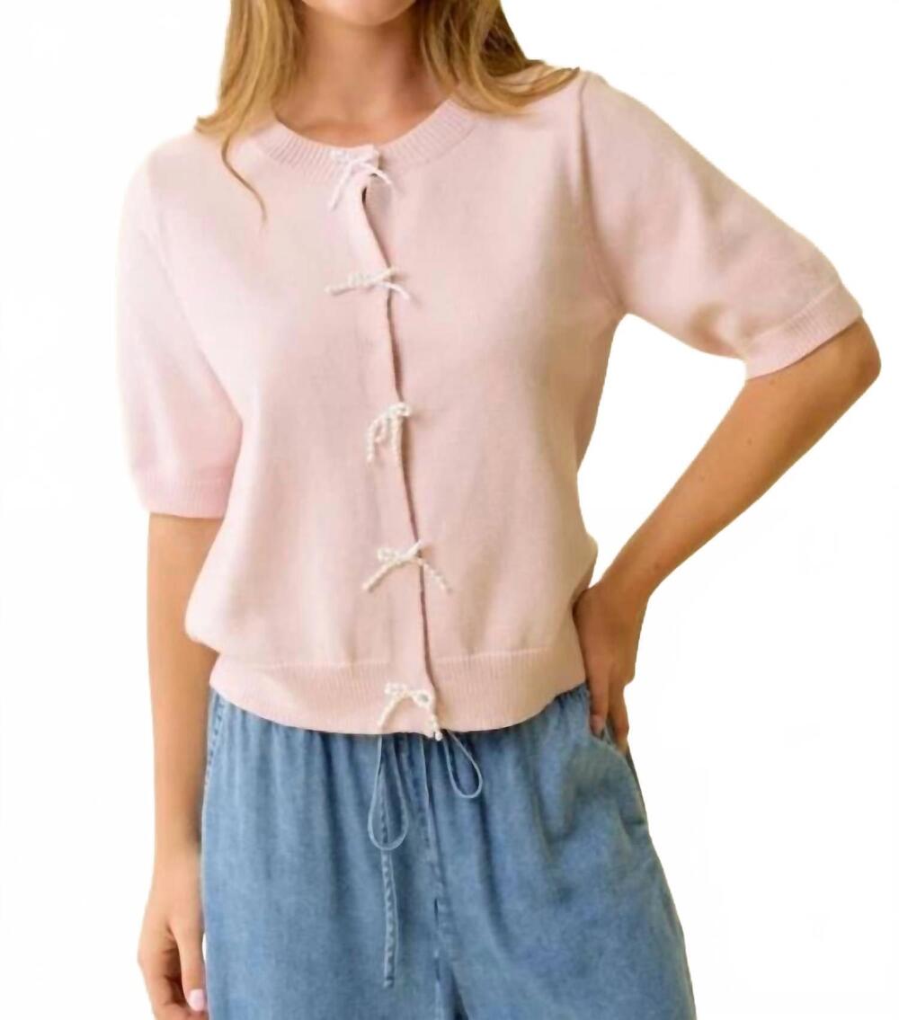 NEW HEM & THREAD pearl bow button short sleeve cardigan in pink